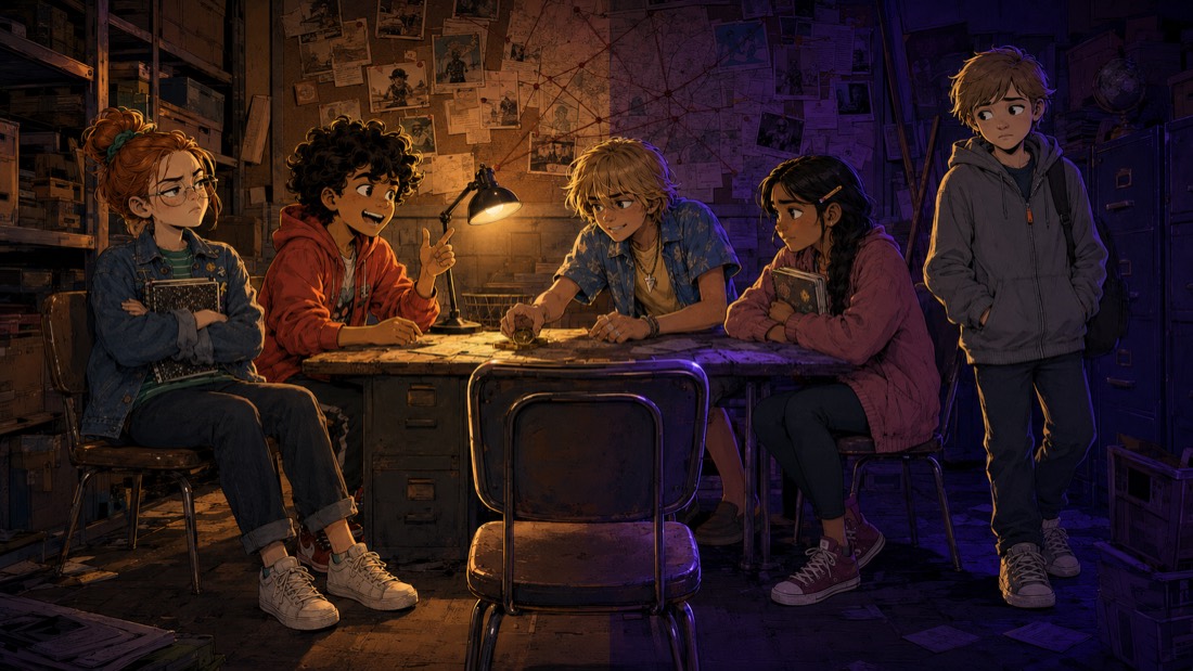 The Loose Ends Club in the Annex — four kids around a desk lit gold from one side and violet from the other, an empty chair facing the viewer, Dex watching from the edge